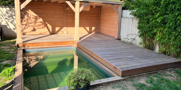 Réalisation d’un pool house en bois Douglas : pergola plate autoportée à Joinville-le-Pont